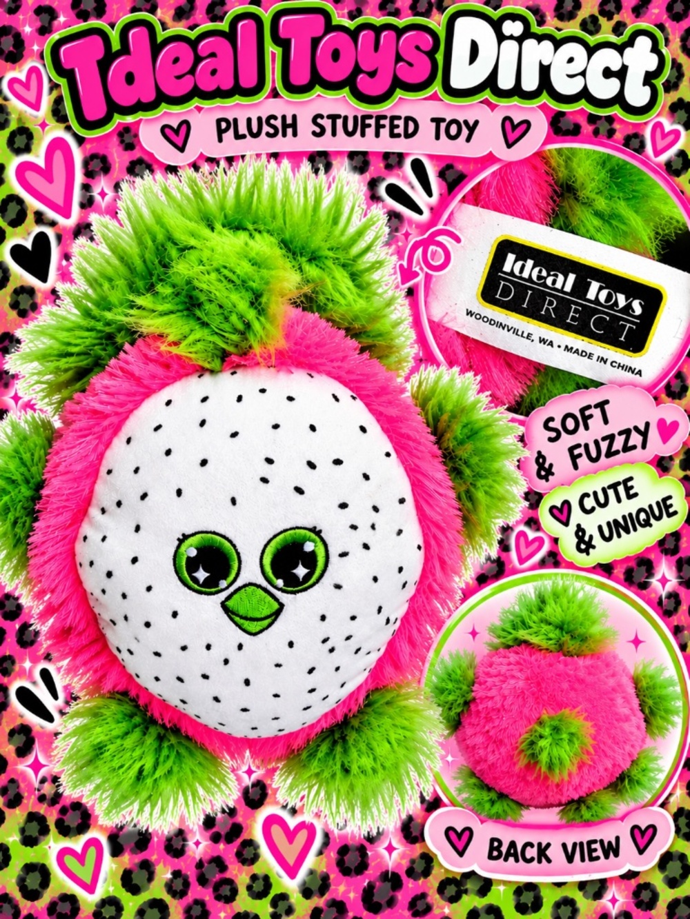 Ideal Toys Direct Colorful Fuzzy Plush Stuffed Toy Pink Green Cute Unique
